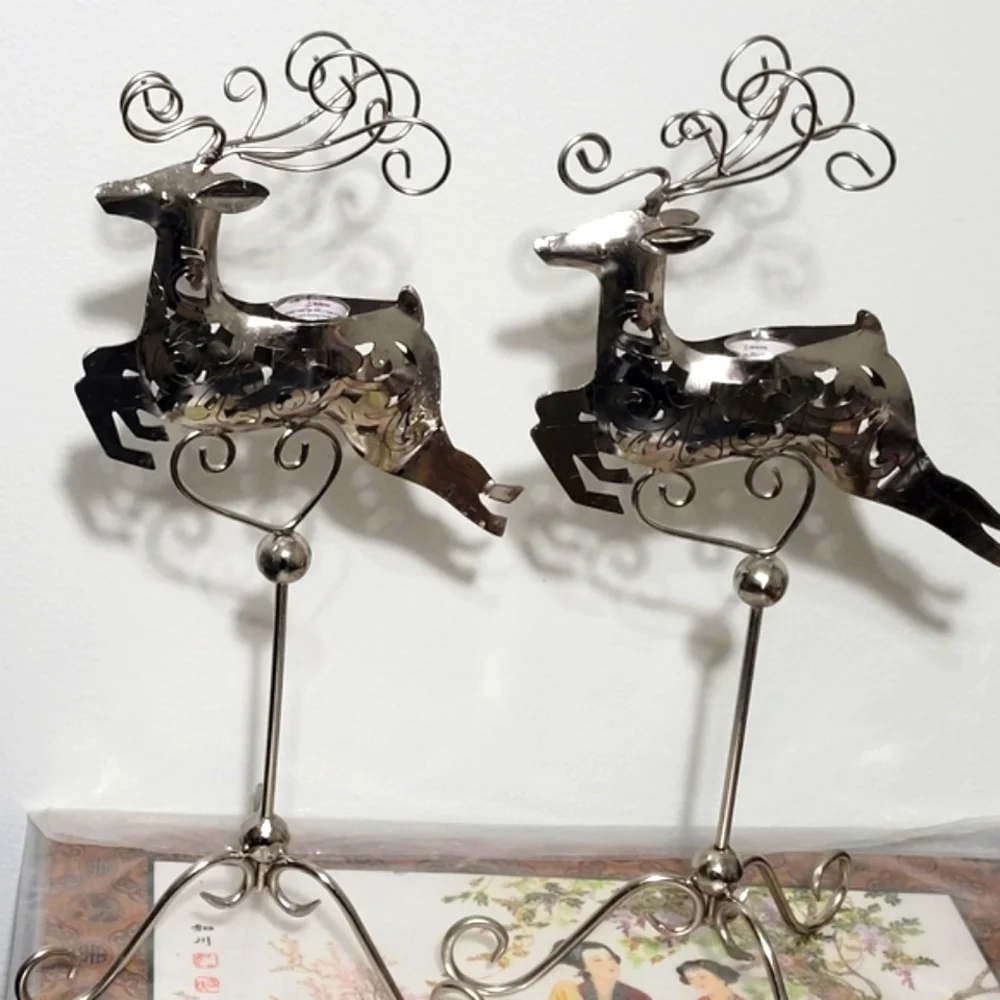 Metal silver reindeer candle holders set 2 pcs. - Picture 1 of 17